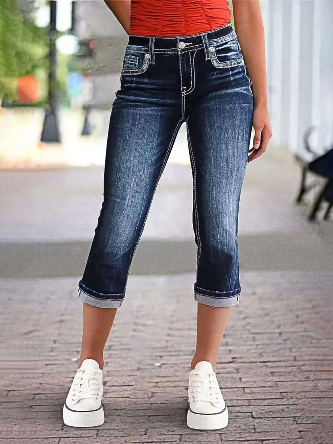 Flamingals Women's Denim Capri Jeans for Women Mid Rise Skinny Capri Pants