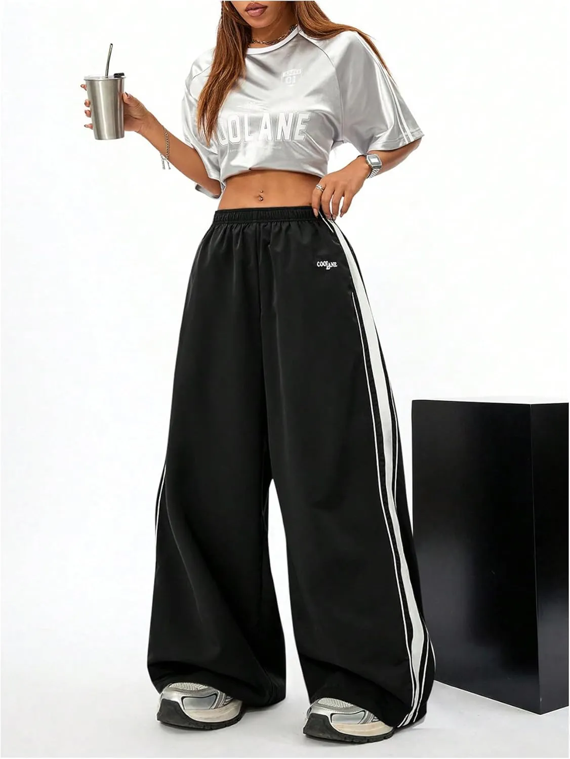 Floerns Women's Elastic Waist Side Striped Track Pants Baggy Wide Leg Hip Hop Pants