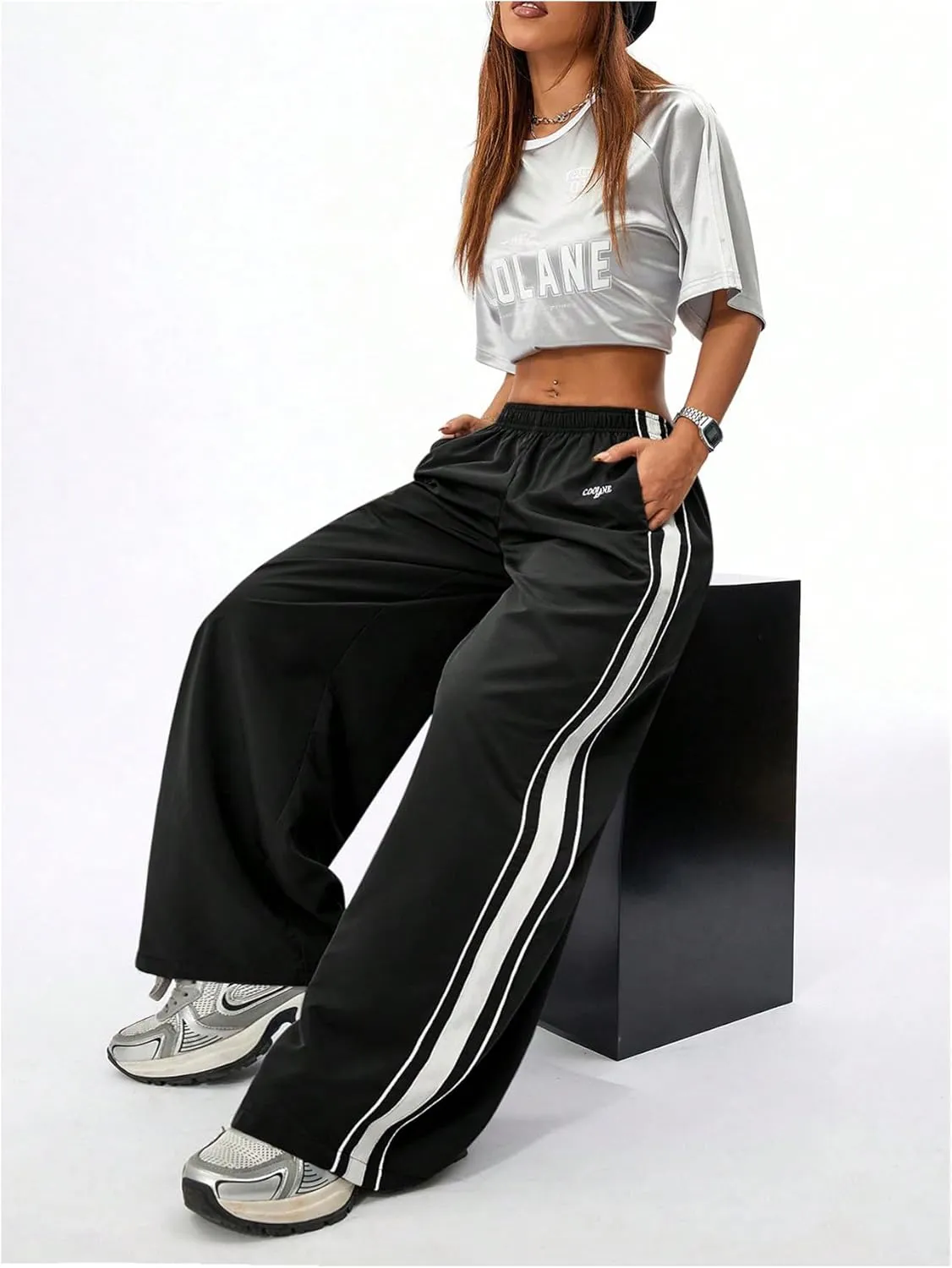 Floerns Women's Elastic Waist Side Striped Track Pants Baggy Wide Leg Hip Hop Pants