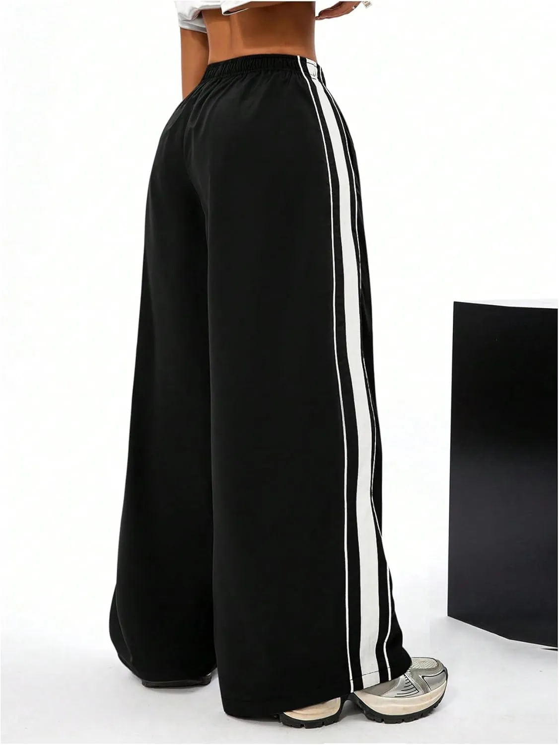 Floerns Women's Elastic Waist Side Striped Track Pants Baggy Wide Leg Hip Hop Pants