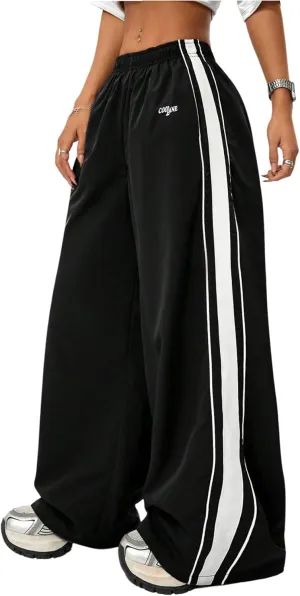 Floerns Women's Elastic Waist Side Striped Track Pants Baggy Wide Leg Hip Hop Pants