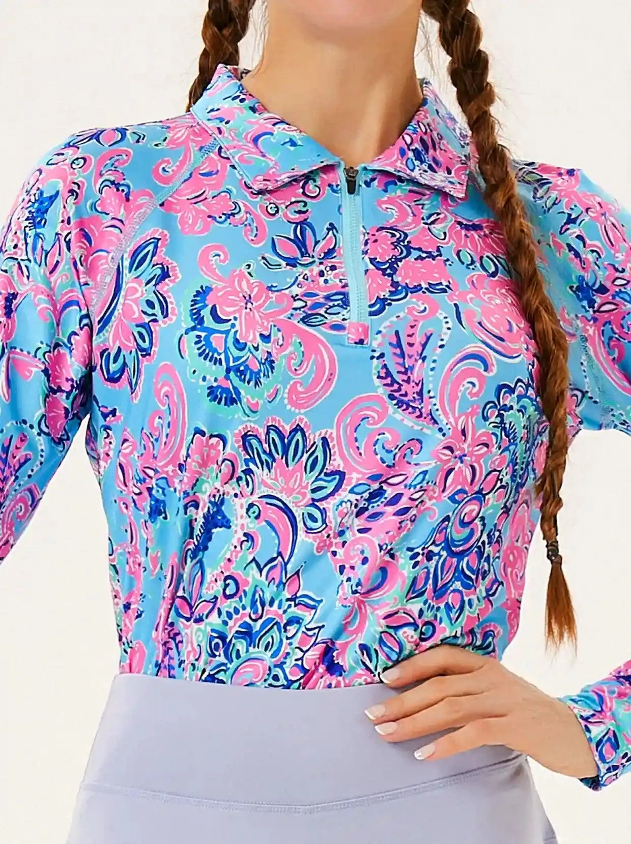 Flower Quarter-Zip Long-sleeve Polo For Women