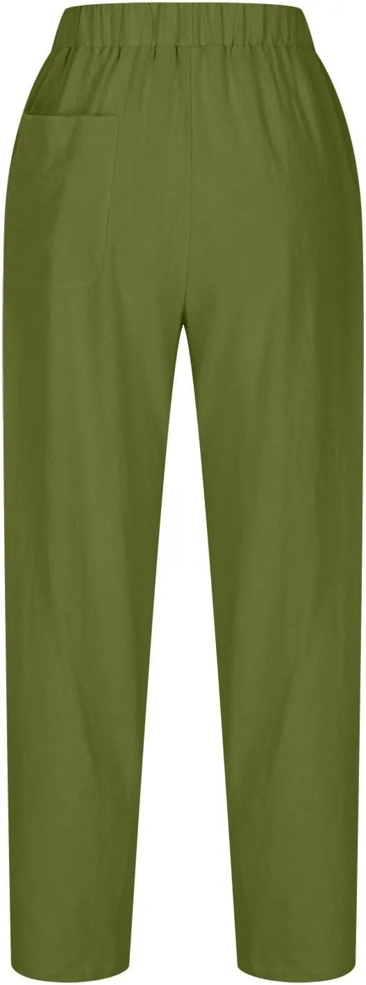 Flowy Pants for Women Straight Leg Cotton Linen Palazzo Trousers Elastic High Waisted Summer Casual Beach Outfit