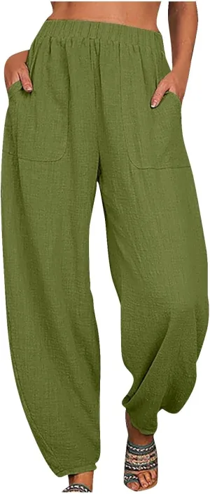 Flowy Pants for Women Straight Leg Cotton Linen Palazzo Trousers Elastic High Waisted Summer Casual Beach Outfit