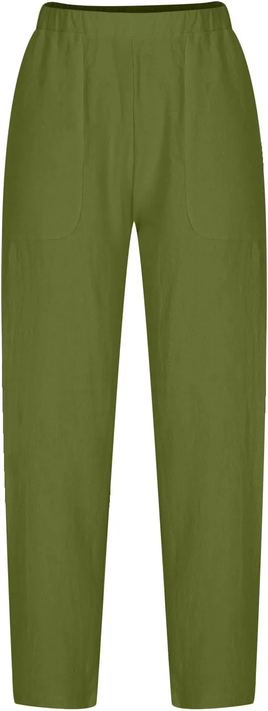 Flowy Pants for Women Straight Leg Cotton Linen Palazzo Trousers Elastic High Waisted Summer Casual Beach Outfit