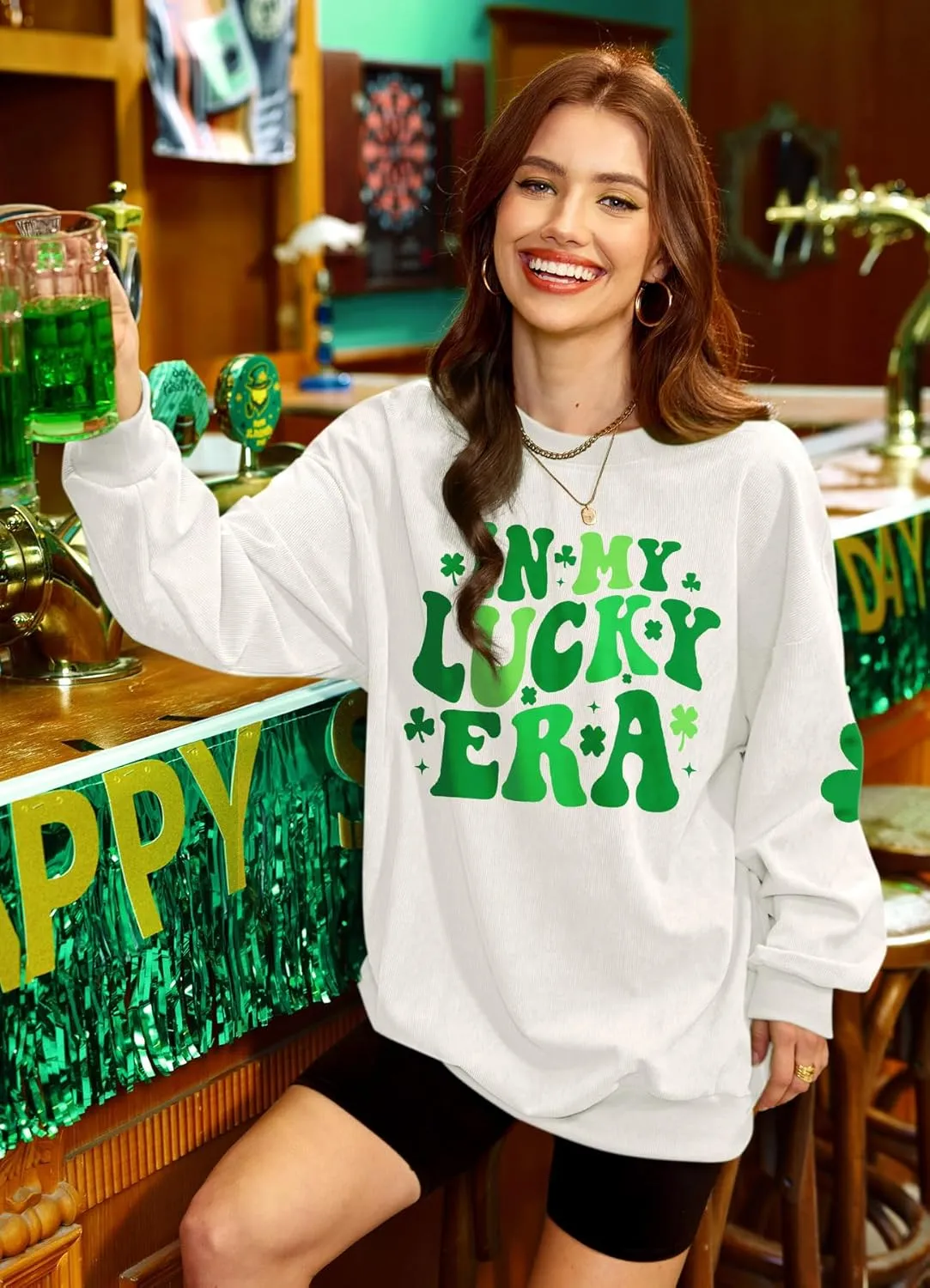 For G and PL Womens St. Patrick's Long Sleeve Irish Sequin Pullover Shamrock Clover Print Casual Sweatshirts