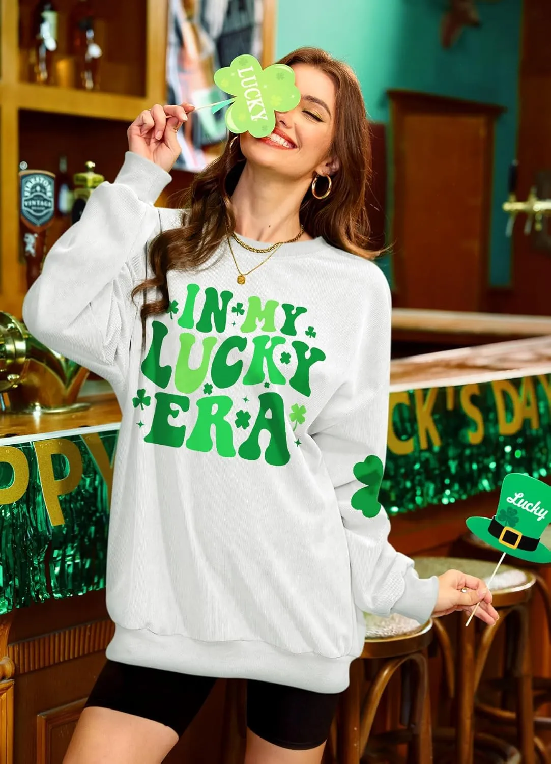 For G and PL Womens St. Patrick's Long Sleeve Irish Sequin Pullover Shamrock Clover Print Casual Sweatshirts