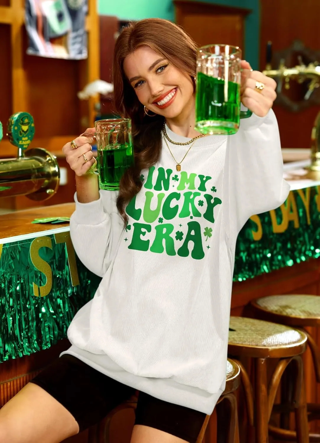 For G and PL Womens St. Patrick's Long Sleeve Irish Sequin Pullover Shamrock Clover Print Casual Sweatshirts