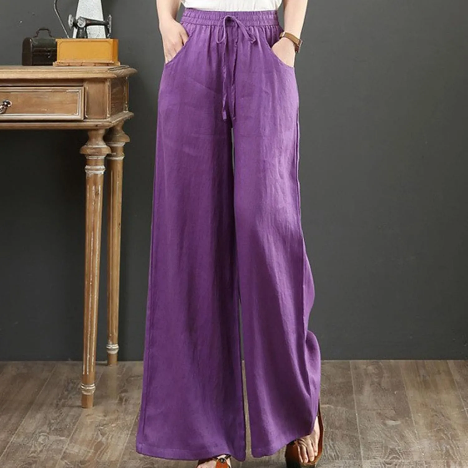 FZYLQY Plus Size Pants for Women 2025 Summer Casual Loose Fit Cotton Linen Pants High Waisted Drawstring Beach Trousers
