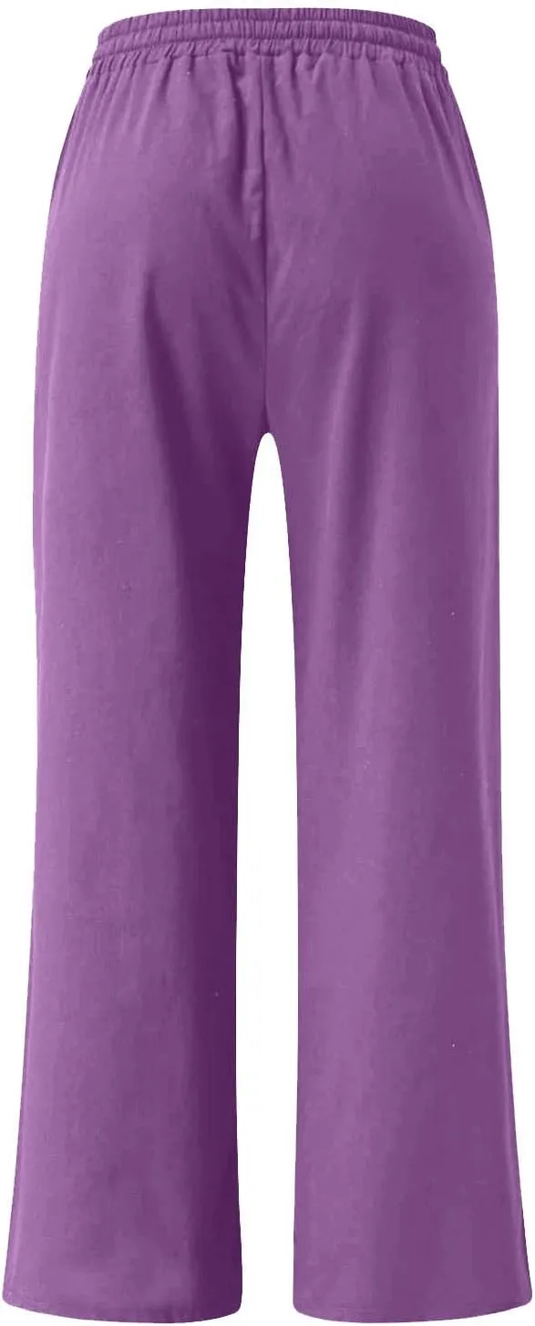 FZYLQY Plus Size Pants for Women 2025 Summer Casual Loose Fit Cotton Linen Pants High Waisted Drawstring Beach Trousers