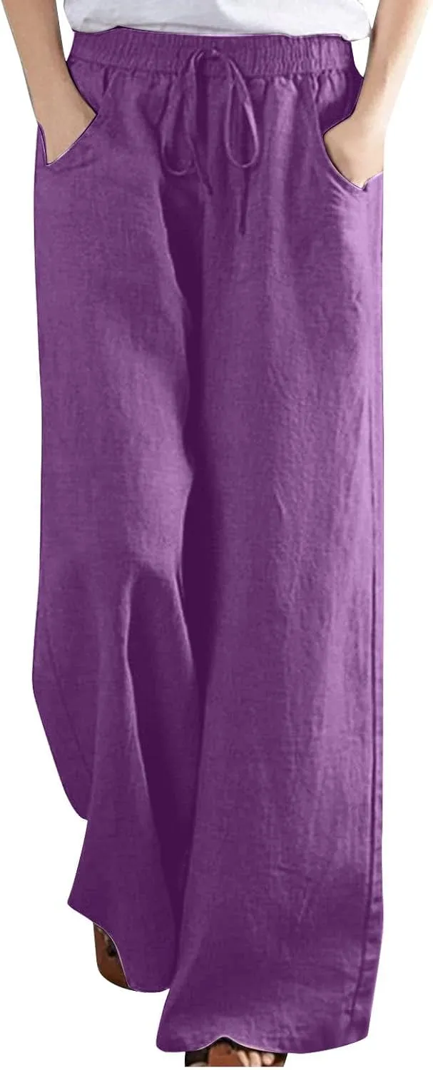 FZYLQY Plus Size Pants for Women 2025 Summer Casual Loose Fit Cotton Linen Pants High Waisted Drawstring Beach Trousers