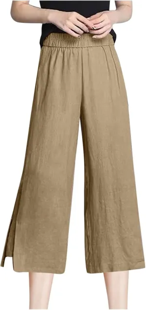 FZYLQY Women Summer Flowy Cotton Linen Palazzo Wide Leg Pants Beach High Waisted Trousers Vocation Solid Long Lounge Pants