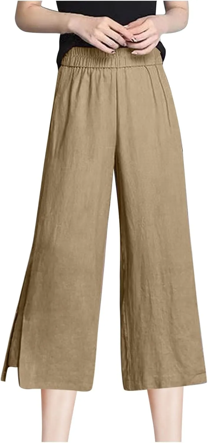 FZYLQY Women Summer Flowy Cotton Linen Palazzo Wide Leg Pants Beach High Waisted Trousers Vocation Solid Long Lounge Pants