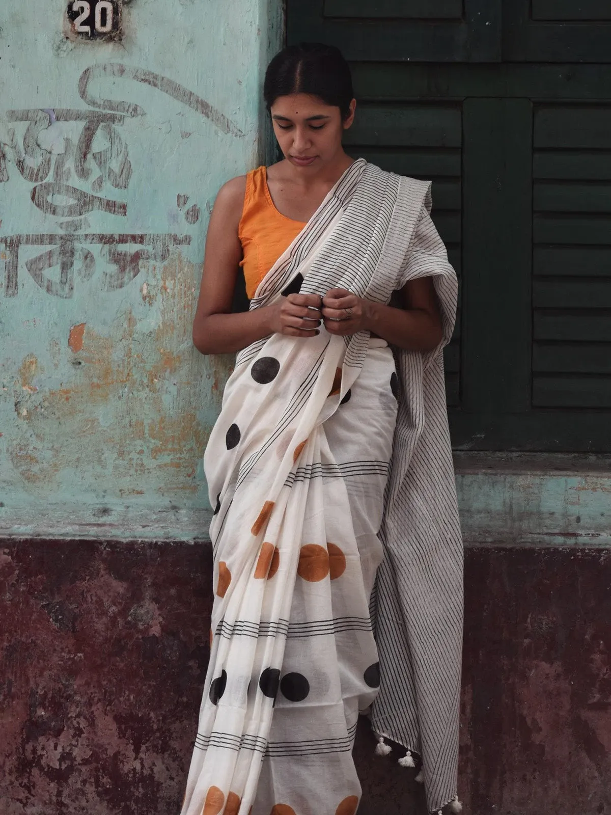 Geometry Black Orange Dot  Saree