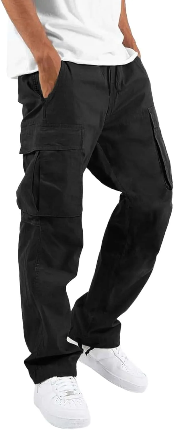 GIERIDUC Mens Cargo Pants Casual Hiking Pants Gym Workout Joggers Athletic Pants Cotton Loose Straight Leg Sweatpants for Men