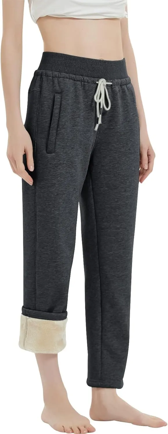 Gihuo Women's Sherpa Lined Sweatpants Winter Warm Fleece Lined Sweatpants with Pockets Fleece Jogger Pants
