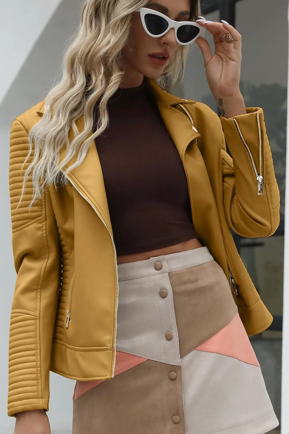 Giolshon Faux Leather Short Jacket Women Fall and Winter Fashion Motorcycle Biker Casual Slim Bomber Coat