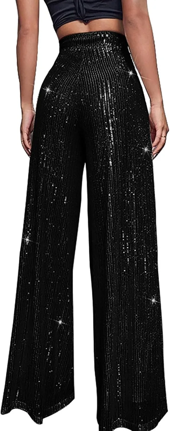GOKKILRW Sequin Pant for Women Sparkly Glitter High Waist Wide Leg Slacks 70s Disco Party Night Club Trouser Shinny Buttoms