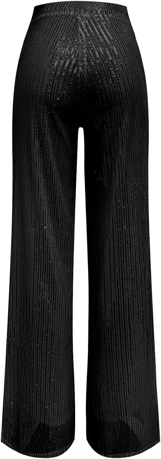 GOKKILRW Sequin Pant for Women Sparkly Glitter High Waist Wide Leg Slacks 70s Disco Party Night Club Trouser Shinny Buttoms