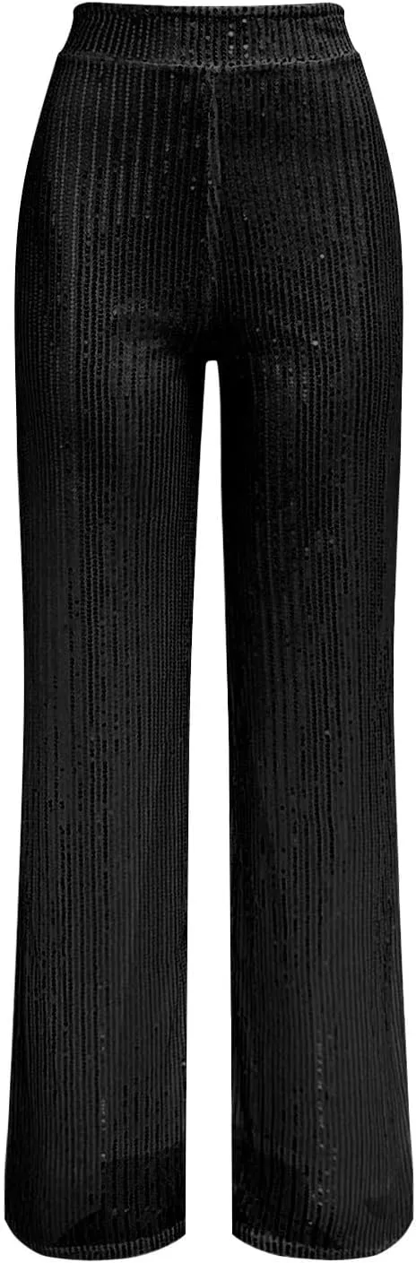 GOKKILRW Sequin Pant for Women Sparkly Glitter High Waist Wide Leg Slacks 70s Disco Party Night Club Trouser Shinny Buttoms