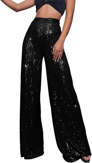 GOKKILRW Sequin Pant for Women Sparkly Glitter High Waist Wide Leg Slacks 70s Disco Party Night Club Trouser Shinny Buttoms