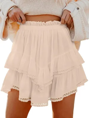 Halife Womens Mini Skorts High Waisted Summer Boho Crochet Ruffle Skirt with Shorts Underneath Trendy Flowy Mini Skirts