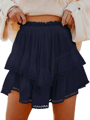 Halife Womens Mini Skorts High Waisted Summer Boho Crochet Ruffle Skirt with Shorts Underneath Trendy Flowy Mini Skirts