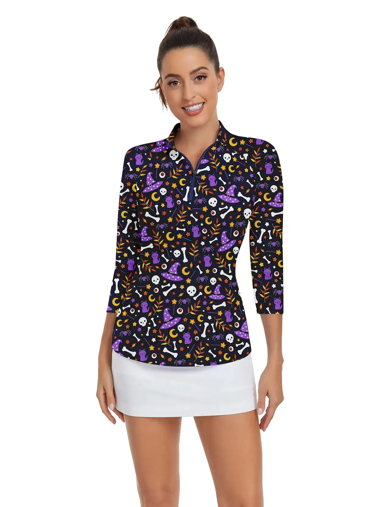 Halloween Purple Hat Quarter-zip 3/4 Sleeve Shirt For Women