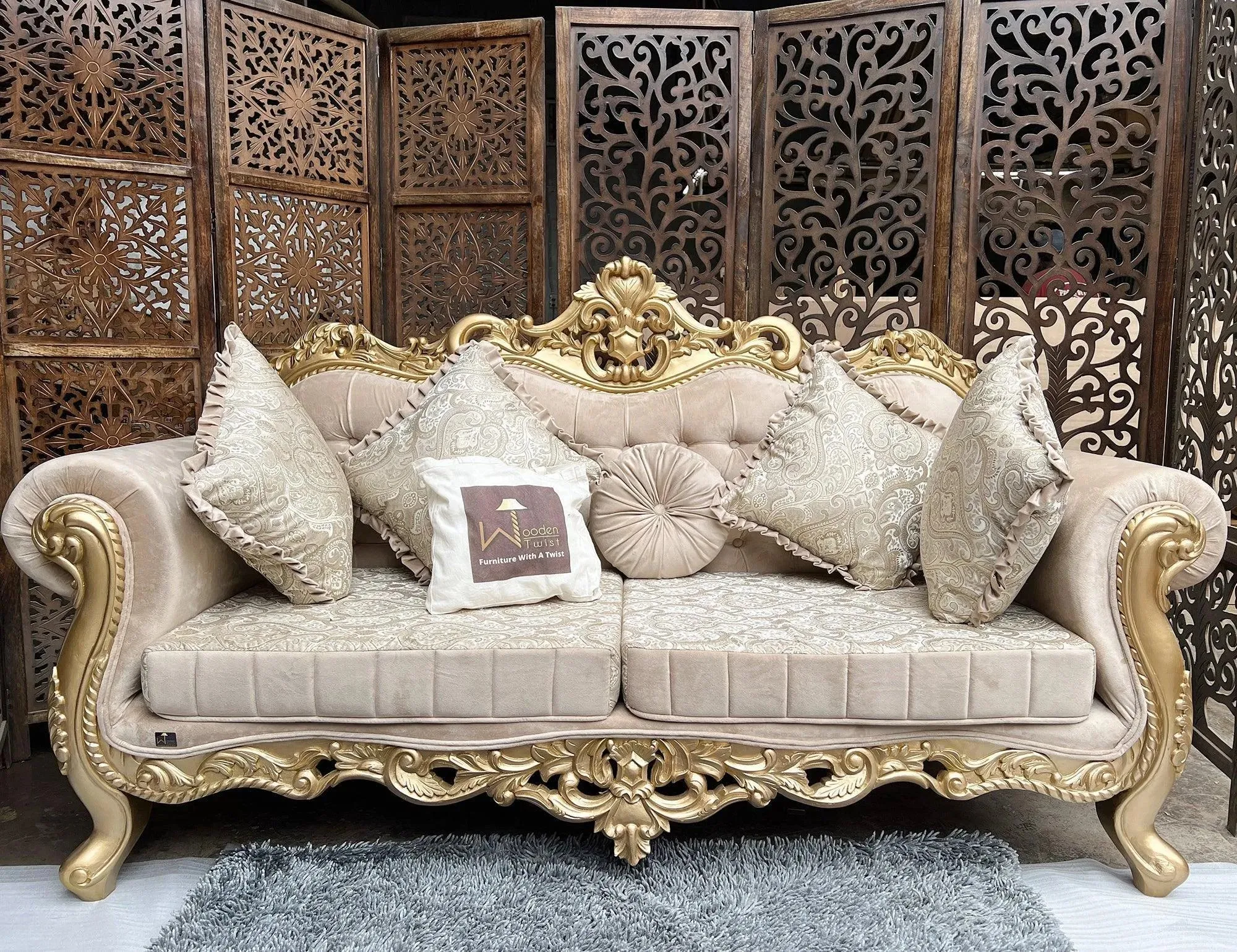 Handmade Royal Antique Golden Finish Carved Sofa (3 Seater)