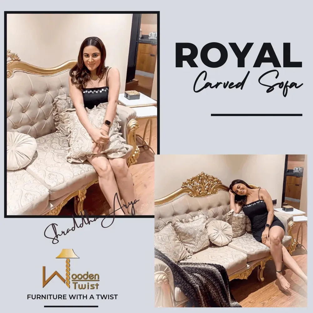 Handmade Royal Antique Golden Finish Carved Sofa (3 Seater)