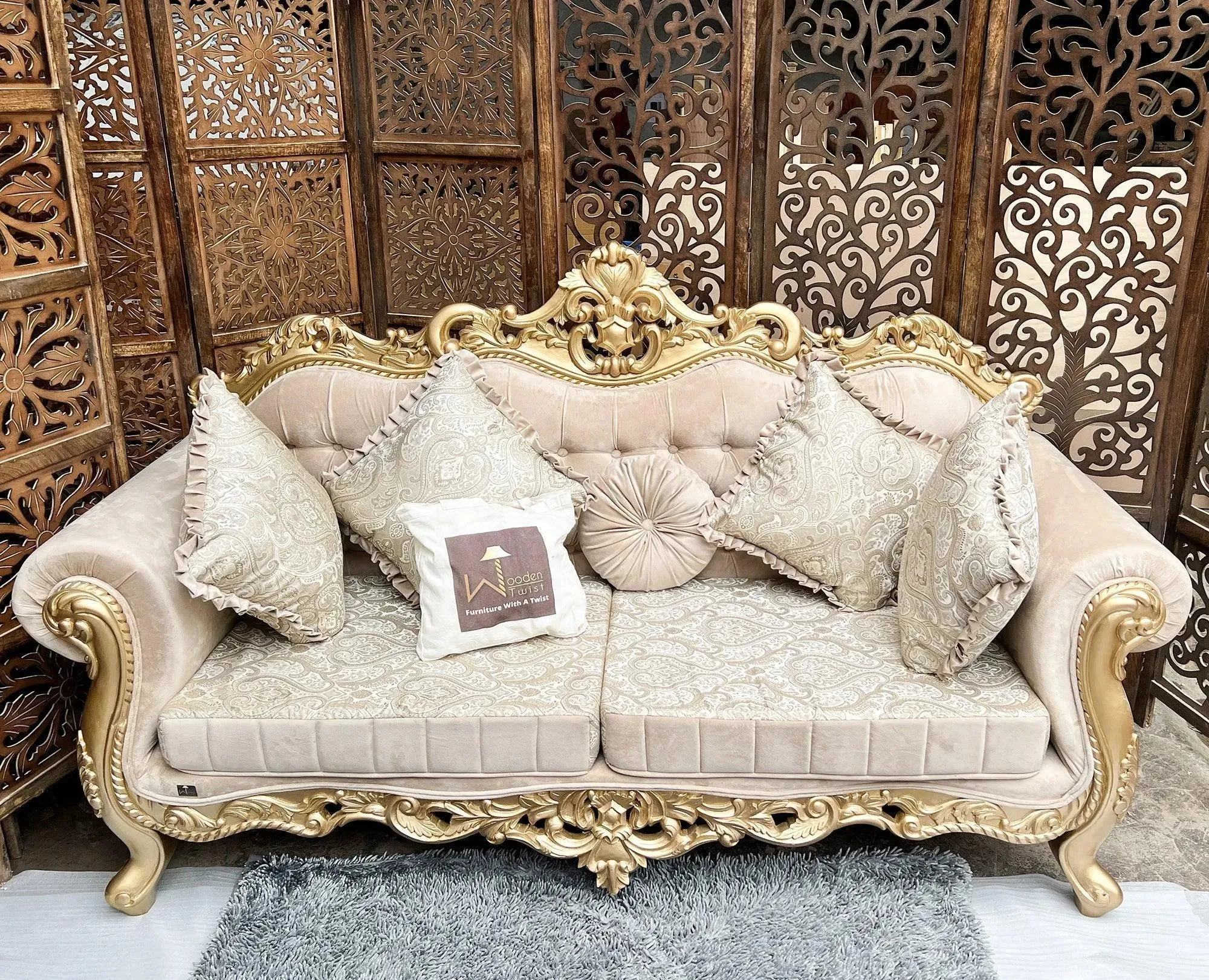 Handmade Royal Antique Golden Finish Carved Sofa (3 Seater)