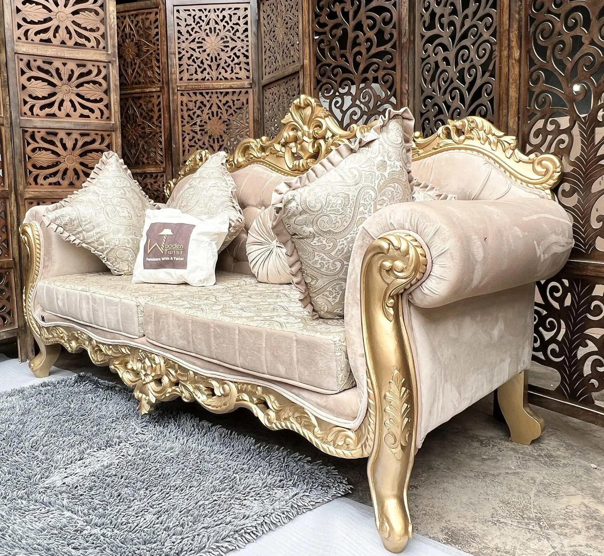 Handmade Royal Antique Golden Finish Carved Sofa (3 Seater)