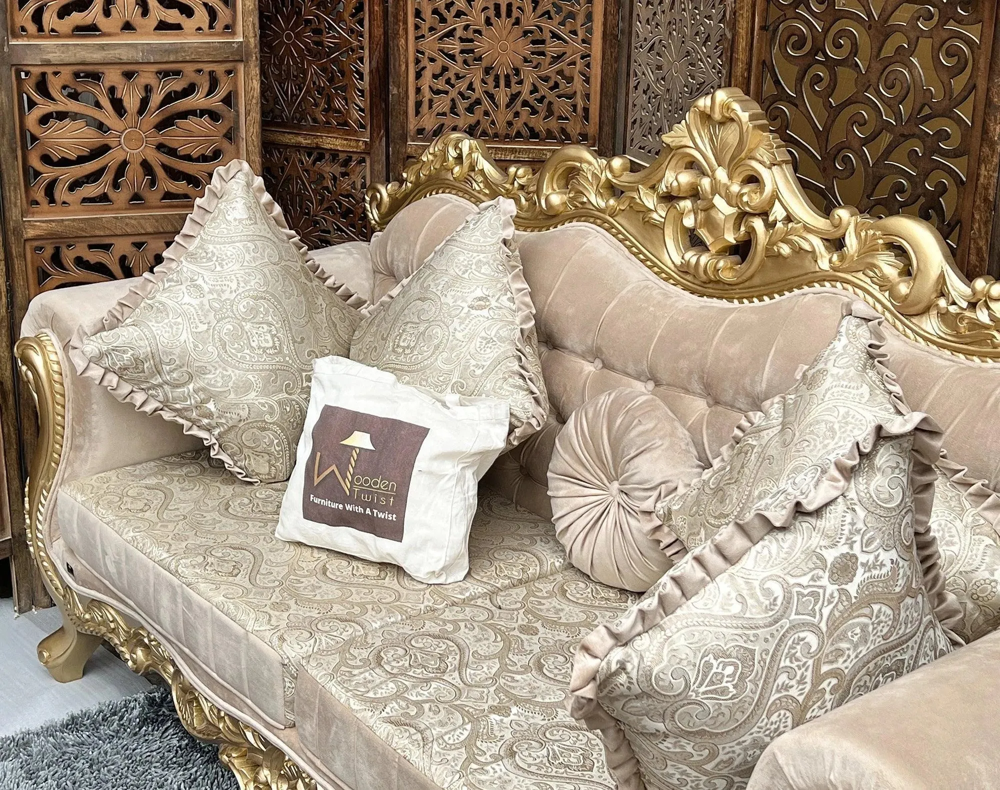 Handmade Royal Antique Golden Finish Carved Sofa (3 Seater)