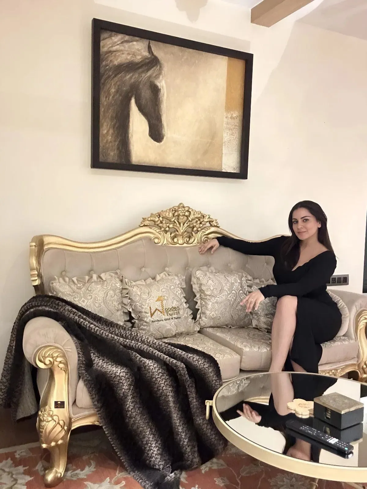 Handmade Royal Antique Golden Finish Carved Sofa (3 Seater)