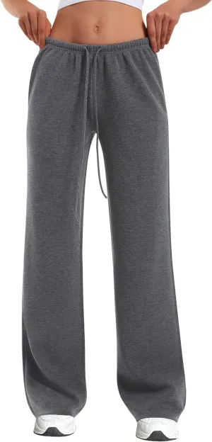 HeSaYep Women's Wide Leg Sweatpants Straight Leg Lowrise Sweat Pants Drawstring Elastic Low Waist Pants with Pockets