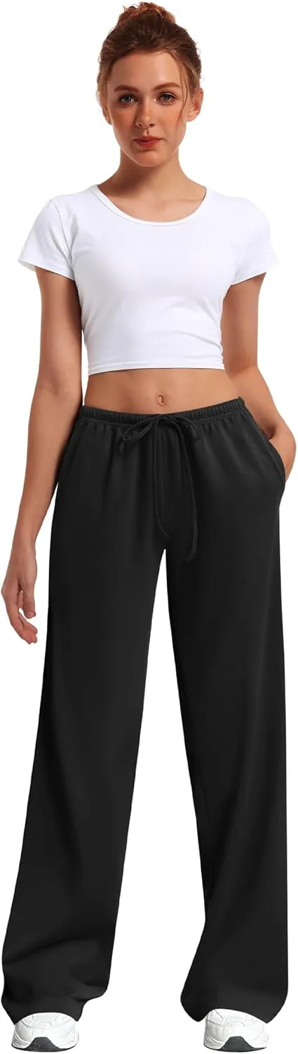 HeSaYep Women's Wide Leg Sweatpants Straight Leg Lowrise Sweat Pants Drawstring Elastic Low Waist Pants with Pockets