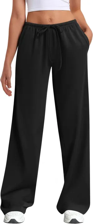 HeSaYep Women's Wide Leg Sweatpants Straight Leg Lowrise Sweat Pants Drawstring Elastic Low Waist Pants with Pockets