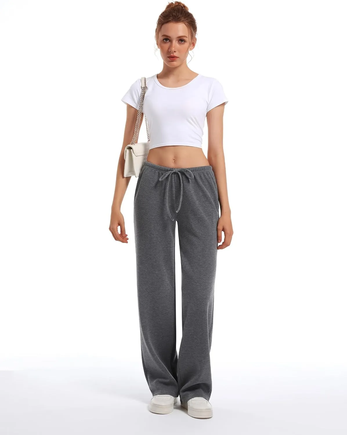 HeSaYep Women's Wide Leg Sweatpants Straight Leg Lowrise Sweat Pants Drawstring Elastic Low Waist Pants with Pockets