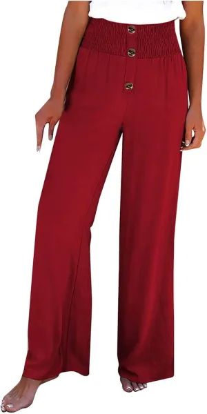 High Waist Cotton Linen Pants for Women Trendy Casual Summer Work Pants Wide Leg Button Beach Lounge Trousers