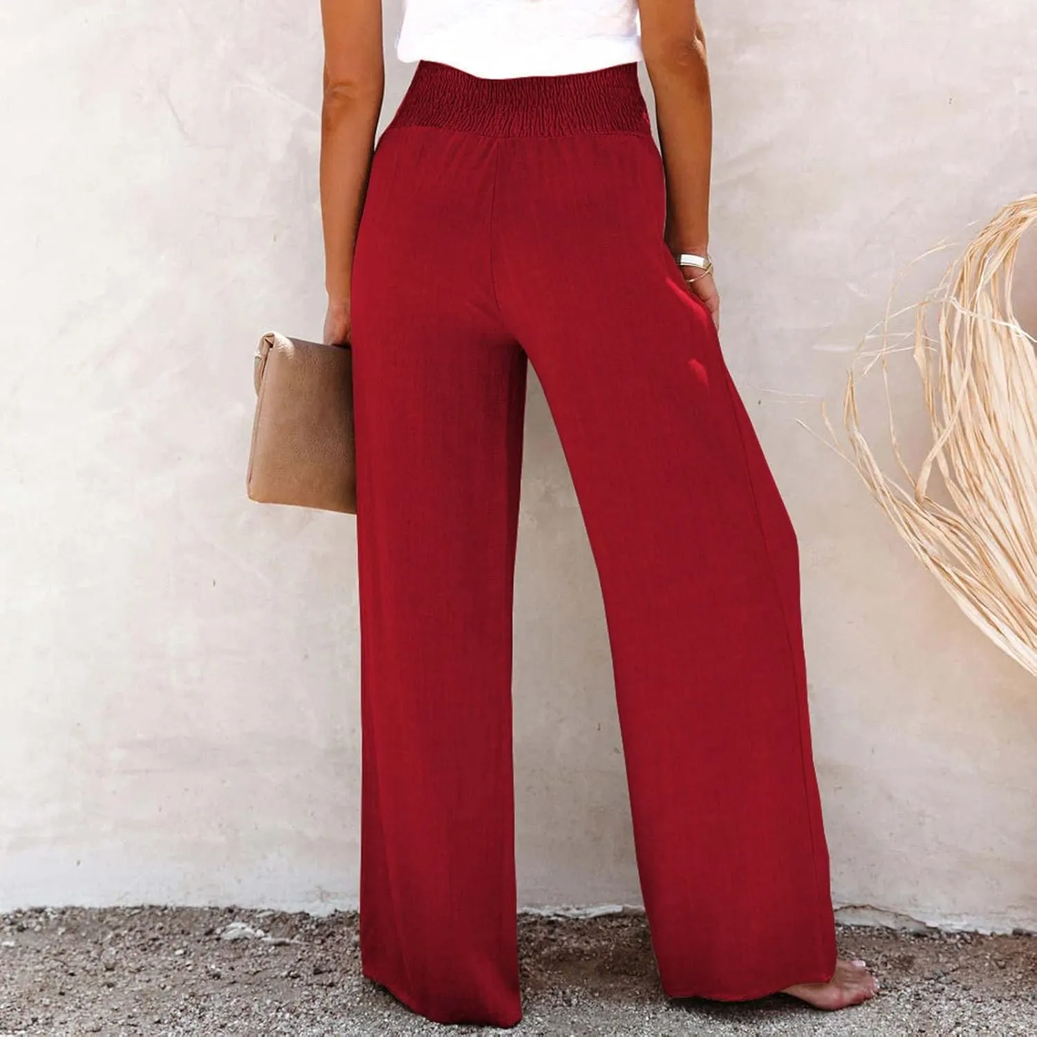 High Waist Cotton Linen Pants for Women Trendy Casual Summer Work Pants Wide Leg Button Beach Lounge Trousers