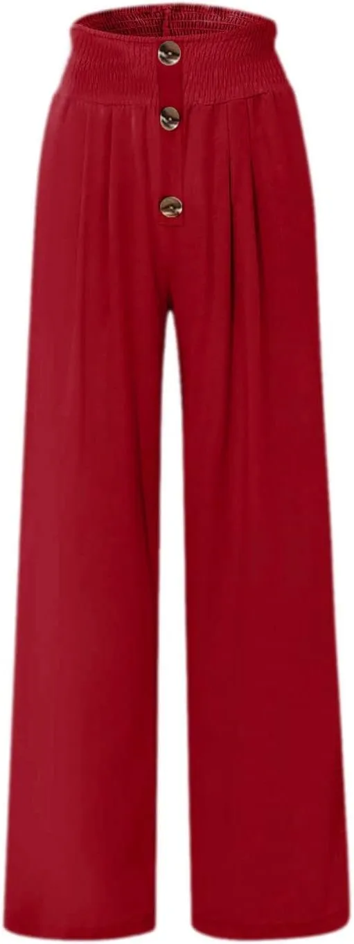 High Waist Cotton Linen Pants for Women Trendy Casual Summer Work Pants Wide Leg Button Beach Lounge Trousers