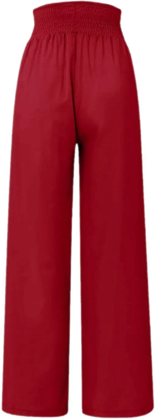 High Waist Cotton Linen Pants for Women Trendy Casual Summer Work Pants Wide Leg Button Beach Lounge Trousers