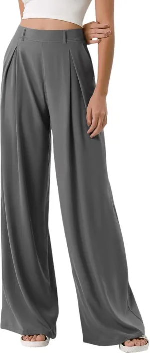 High Waist Flowy Office Work Pants Women with Pleated Elastic Waist Wide Leg Pants Women for Business Casual Slacks