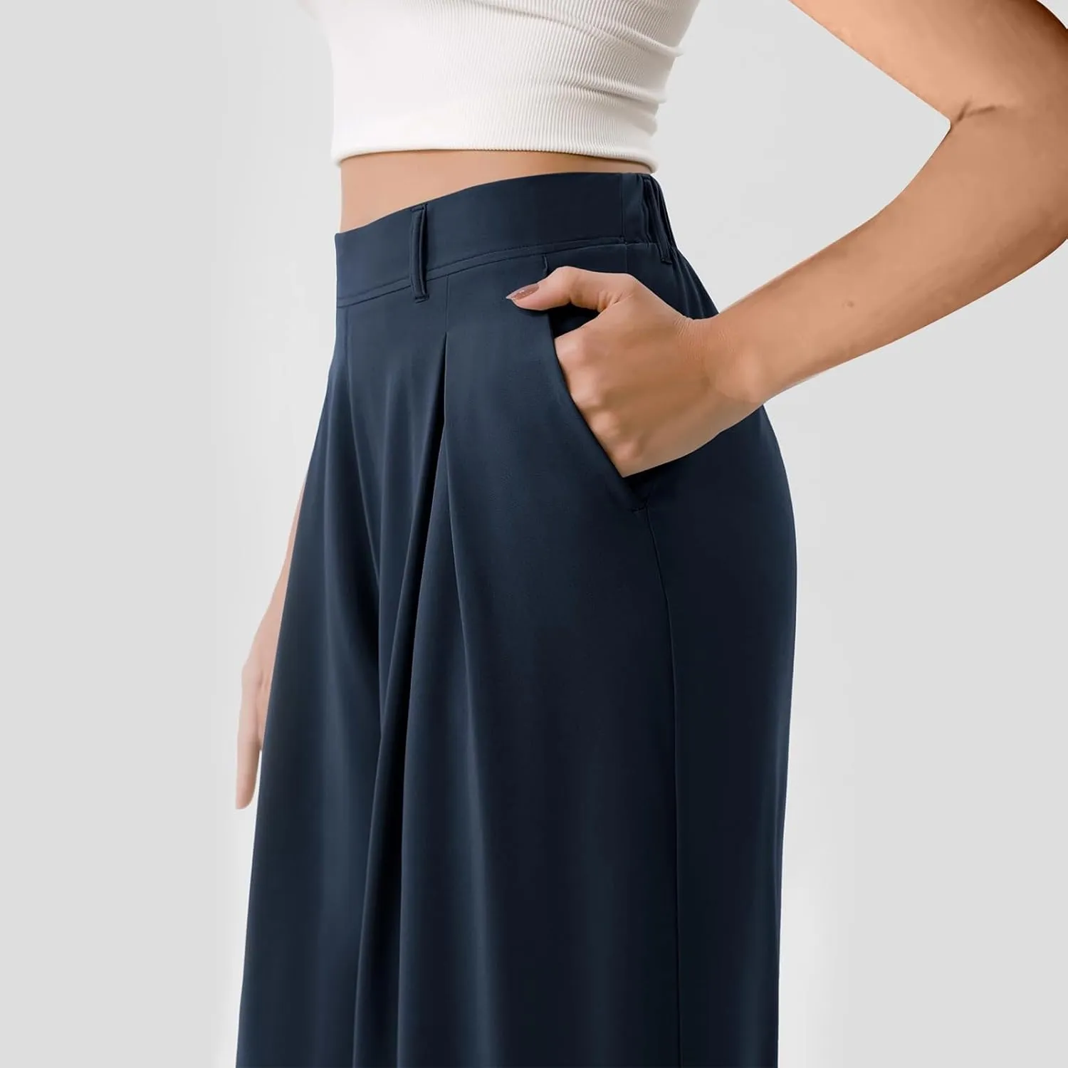 High Waist Flowy Office Work Pants Women with Pleated Elastic Waist Wide Leg Pants Women for Business Casual Slacks