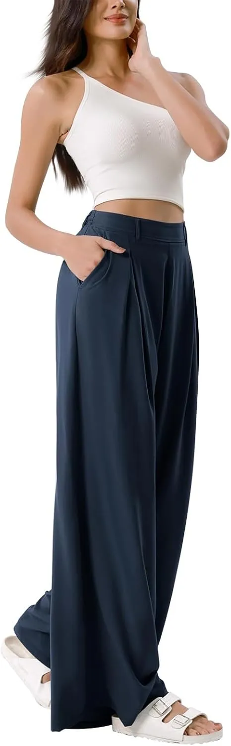 High Waist Flowy Office Work Pants Women with Pleated Elastic Waist Wide Leg Pants Women for Business Casual Slacks