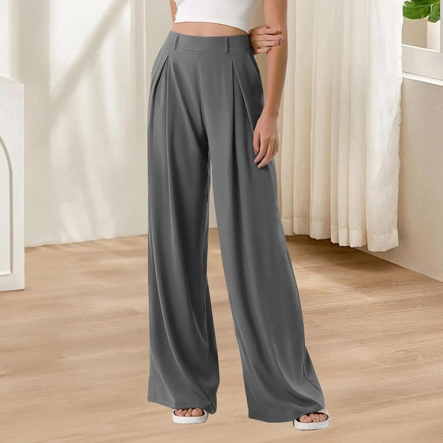 High Waist Flowy Office Work Pants Women with Pleated Elastic Waist Wide Leg Pants Women for Business Casual Slacks