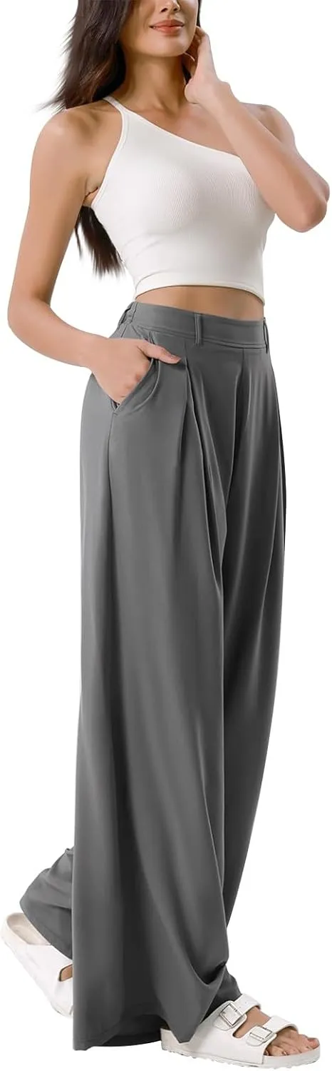 High Waist Flowy Office Work Pants Women with Pleated Elastic Waist Wide Leg Pants Women for Business Casual Slacks