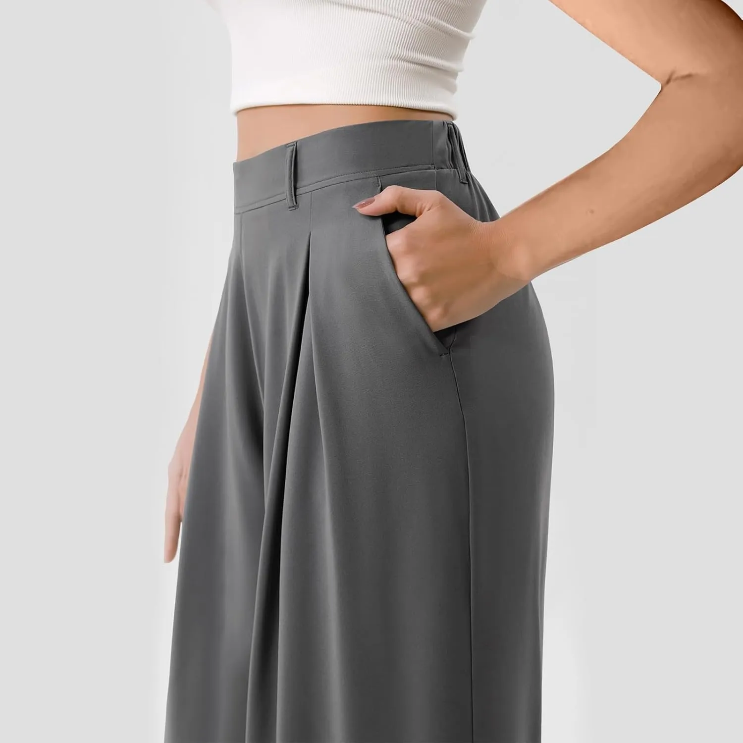 High Waist Flowy Office Work Pants Women with Pleated Elastic Waist Wide Leg Pants Women for Business Casual Slacks