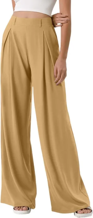 High Waist Flowy Office Work Pants Women with Pleated Elastic Waist Wide Leg Pants Women for Business Casual Slacks