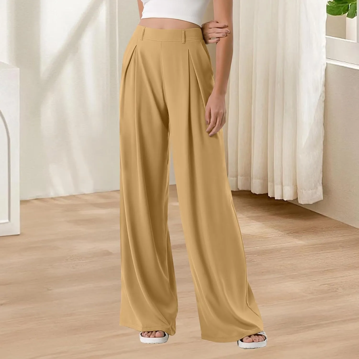 High Waist Flowy Office Work Pants Women with Pleated Elastic Waist Wide Leg Pants Women for Business Casual Slacks